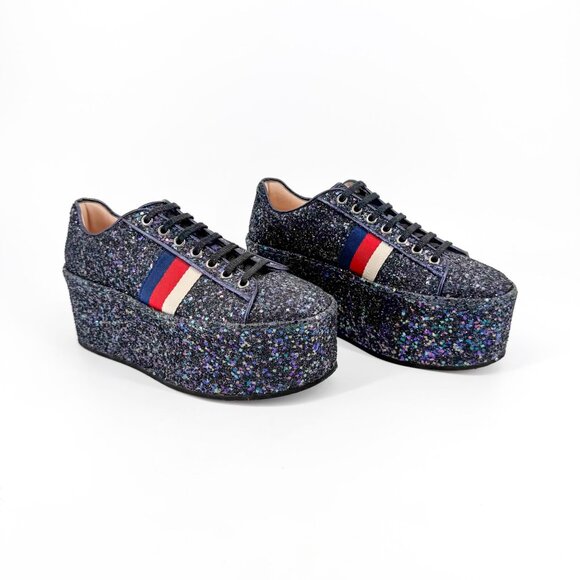 Gucci Peggy Platform Sneakers EU 38 US 8 Navy Blue Purple Chunky Glitter Low Top - Picture 1 of 14